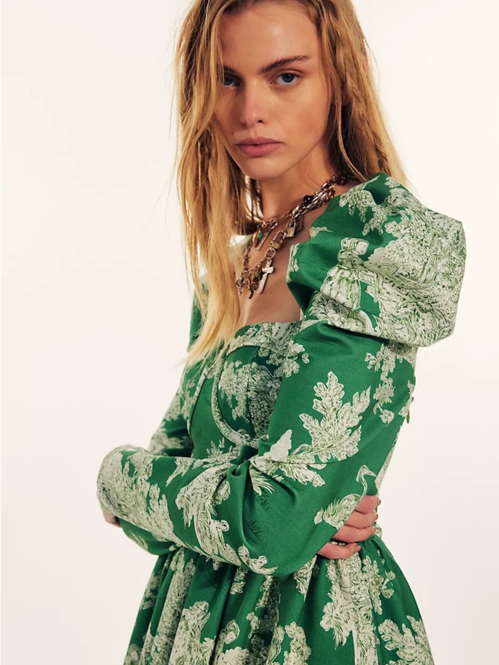 Selkie Green and Cream Long Sleeve Puff-Sleeve Mini Dress - Picture 3 of 8
